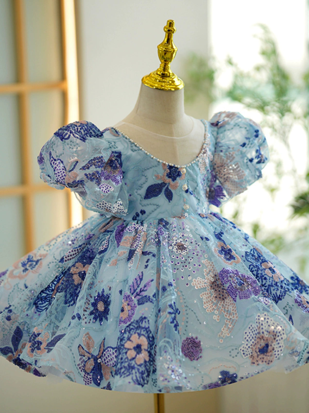 Princess Blue Sequined Back Zip Baptism Flower(s) Tea Length Short Sleeve Puff Sleeve Scoop Flower Girl Dress
