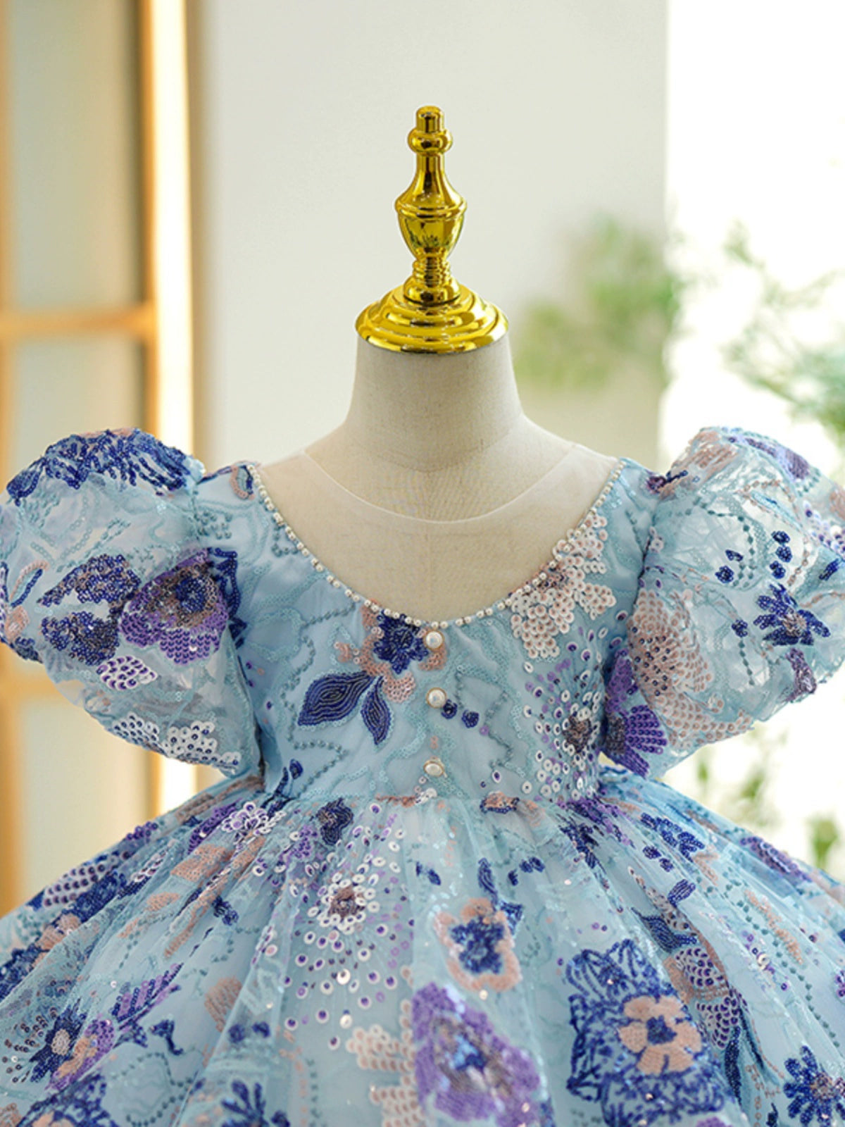 Princess Blue Sequined Back Zip Baptism Flower(s) Tea Length Short Sleeve Puff Sleeve Scoop Flower Girl Dress