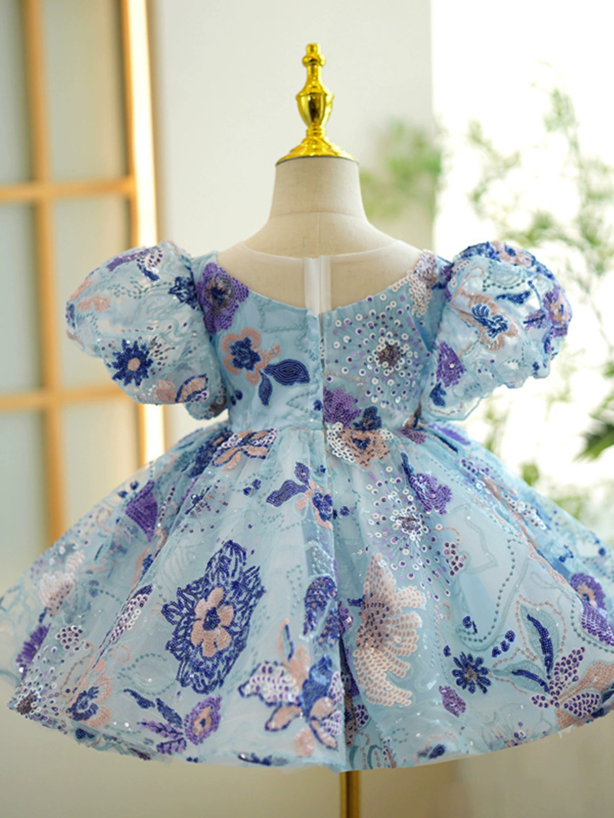 Princess Blue Sequined Back Zip Baptism Flower(s) Tea Length Short Sleeve Puff Sleeve Scoop Flower Girl Dress