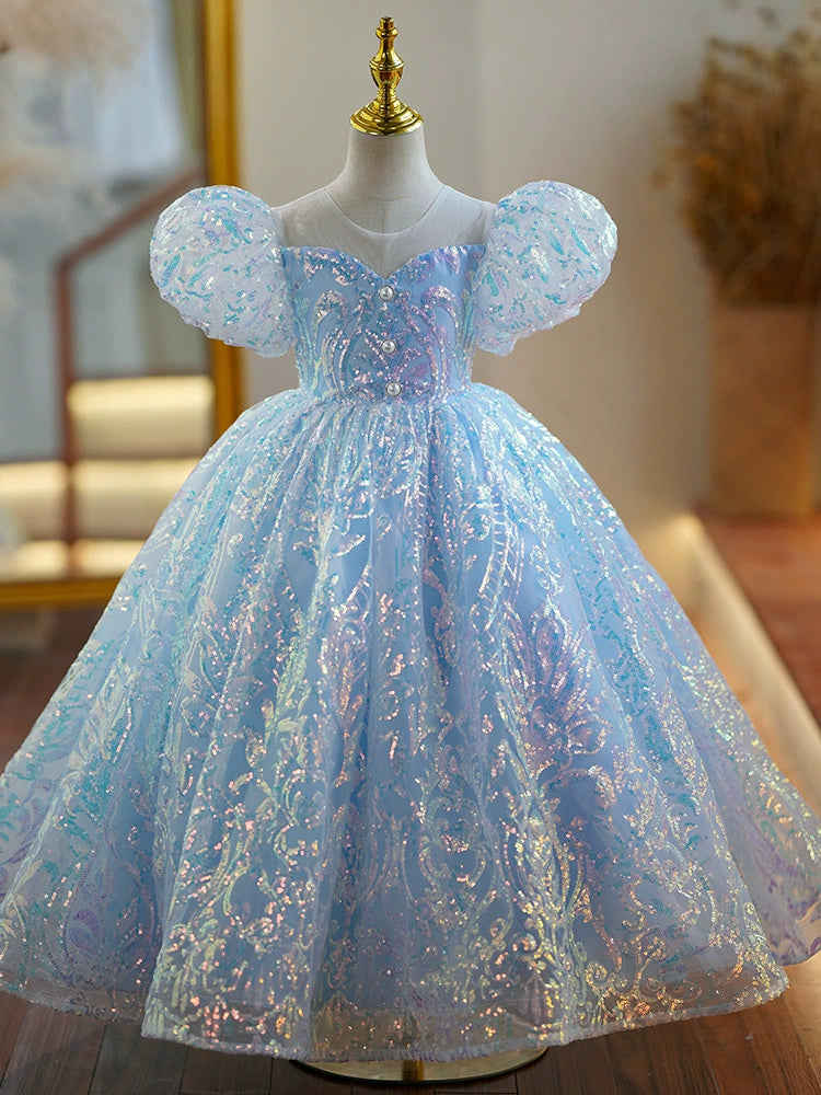 Princess Blue Sequined Back Zip Baptism Sequins Floor Length Short Sleeve Puff Sleeve Round Flower Girl Dress