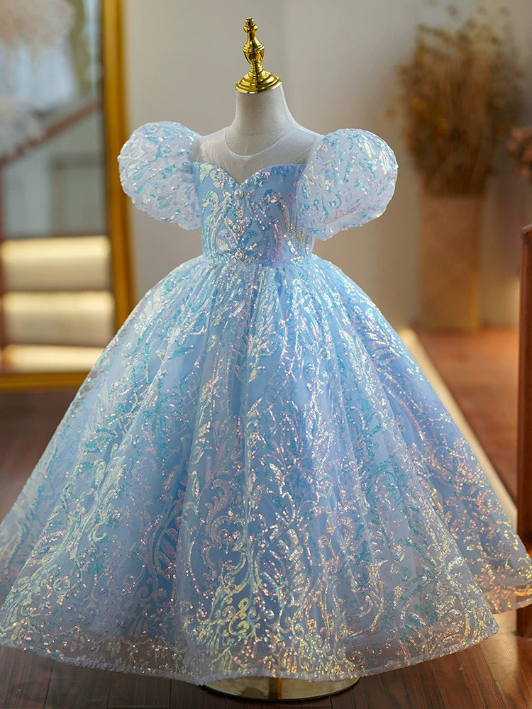 Princess Blue Sequined Back Zip Baptism Sequins Floor Length Short Sleeve Puff Sleeve Round Flower Girl Dress