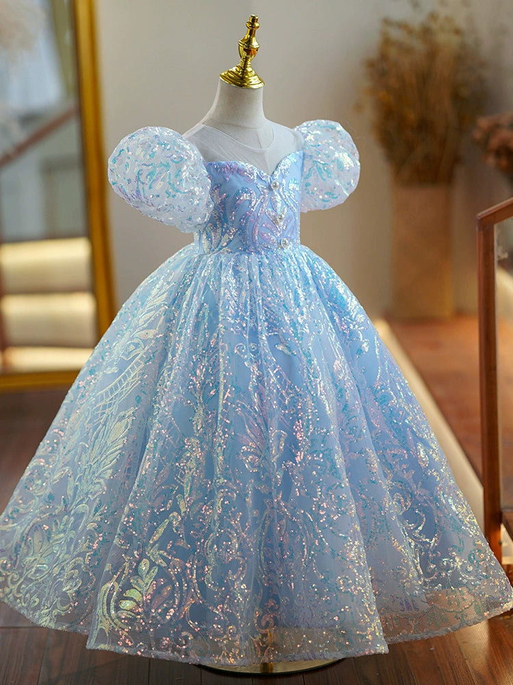 Princess Blue Sequined Back Zip Baptism Sequins Floor Length Short Sleeve Puff Sleeve Round Flower Girl Dress