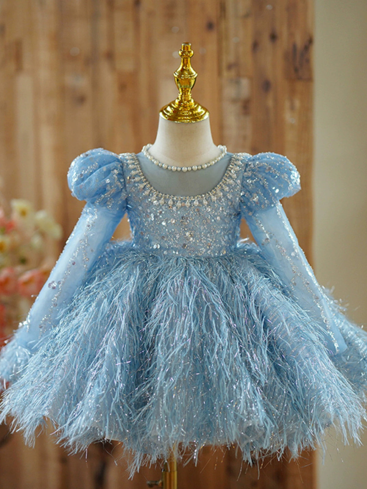 Princess Blue Tulle Back Zip Baptism Beaded Tea Length Long Sleeve Puff Sleeve Jewel Neck Flower Girl Dress