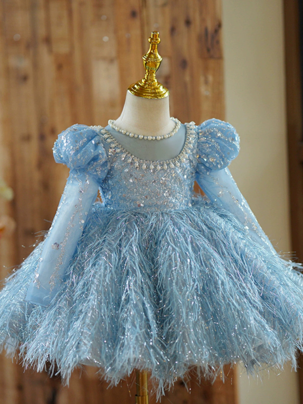 Princess Blue Tulle Back Zip Baptism Beaded Tea Length Long Sleeve Puff Sleeve Jewel Neck Flower Girl Dress