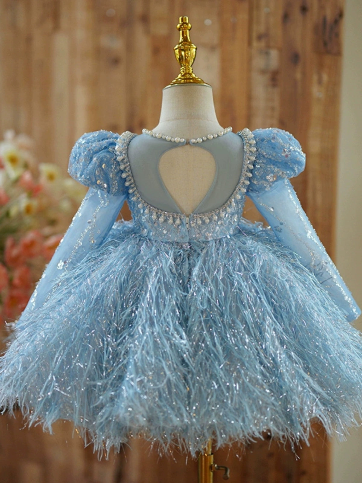 Princess Blue Tulle Back Zip Baptism Beaded Tea Length Long Sleeve Puff Sleeve Jewel Neck Flower Girl Dress