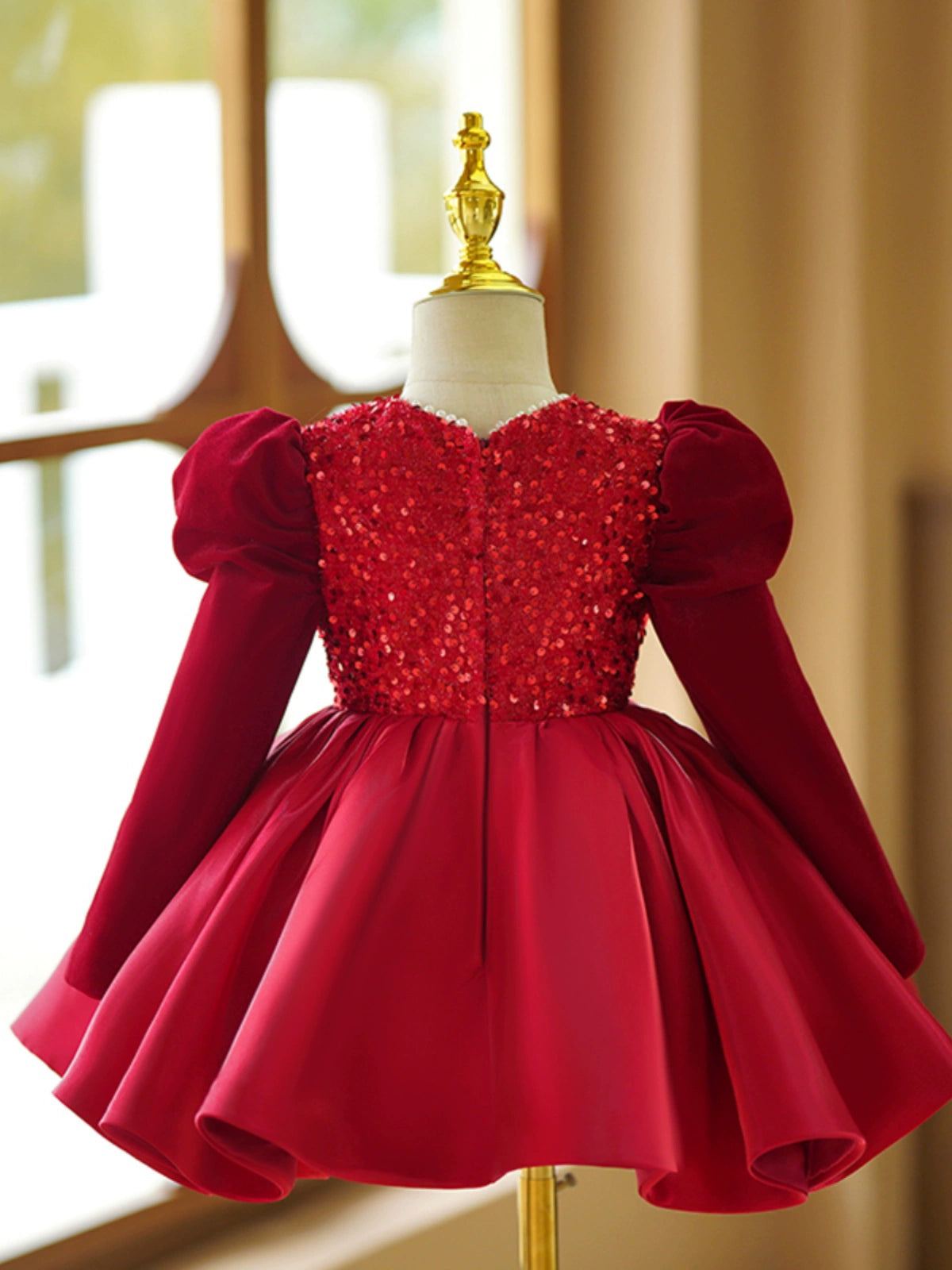 Princess Burgundy Satin Back Zip Baptism Sequins Tea Length Long Sleeve Puff Sleeve Round Flower Girl Dress