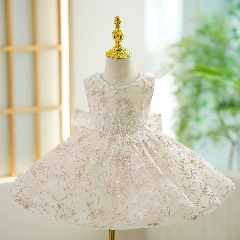 Princess Champagne Lace Back Zip Baptism Lace Tea Length Sleeveless Round Flower Girl Dress