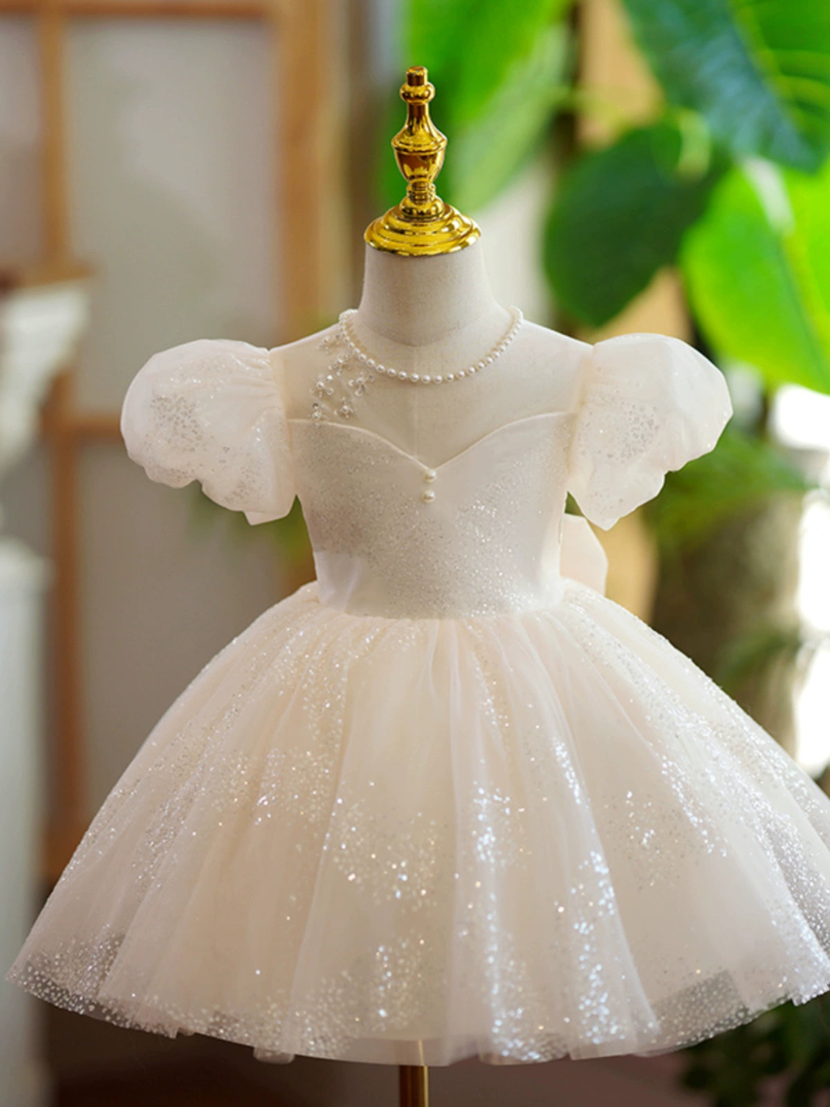 Princess Champagne Organza Back Zip Baptism Beaded Tea Length Short Sleeve Puff Sleeve Jewel Neck Flower Girl Dress
