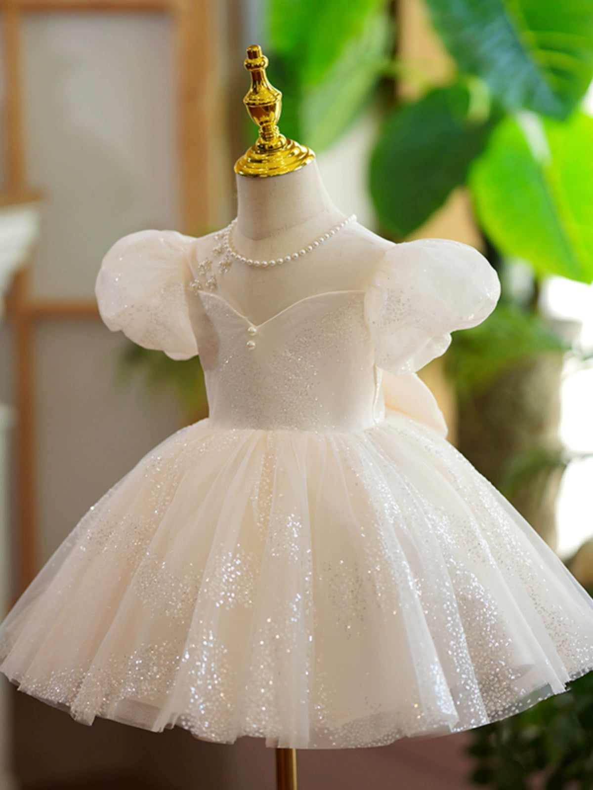 Princess Champagne Organza Back Zip Baptism Beaded Tea Length Short Sleeve Puff Sleeve Jewel Neck Flower Girl Dress