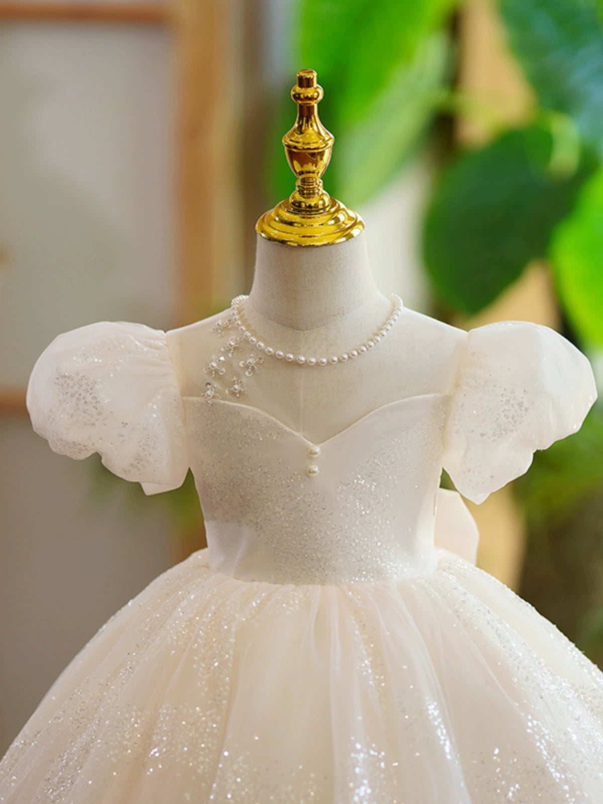 Princess Champagne Organza Back Zip Baptism Beaded Tea Length Short Sleeve Puff Sleeve Jewel Neck Flower Girl Dress