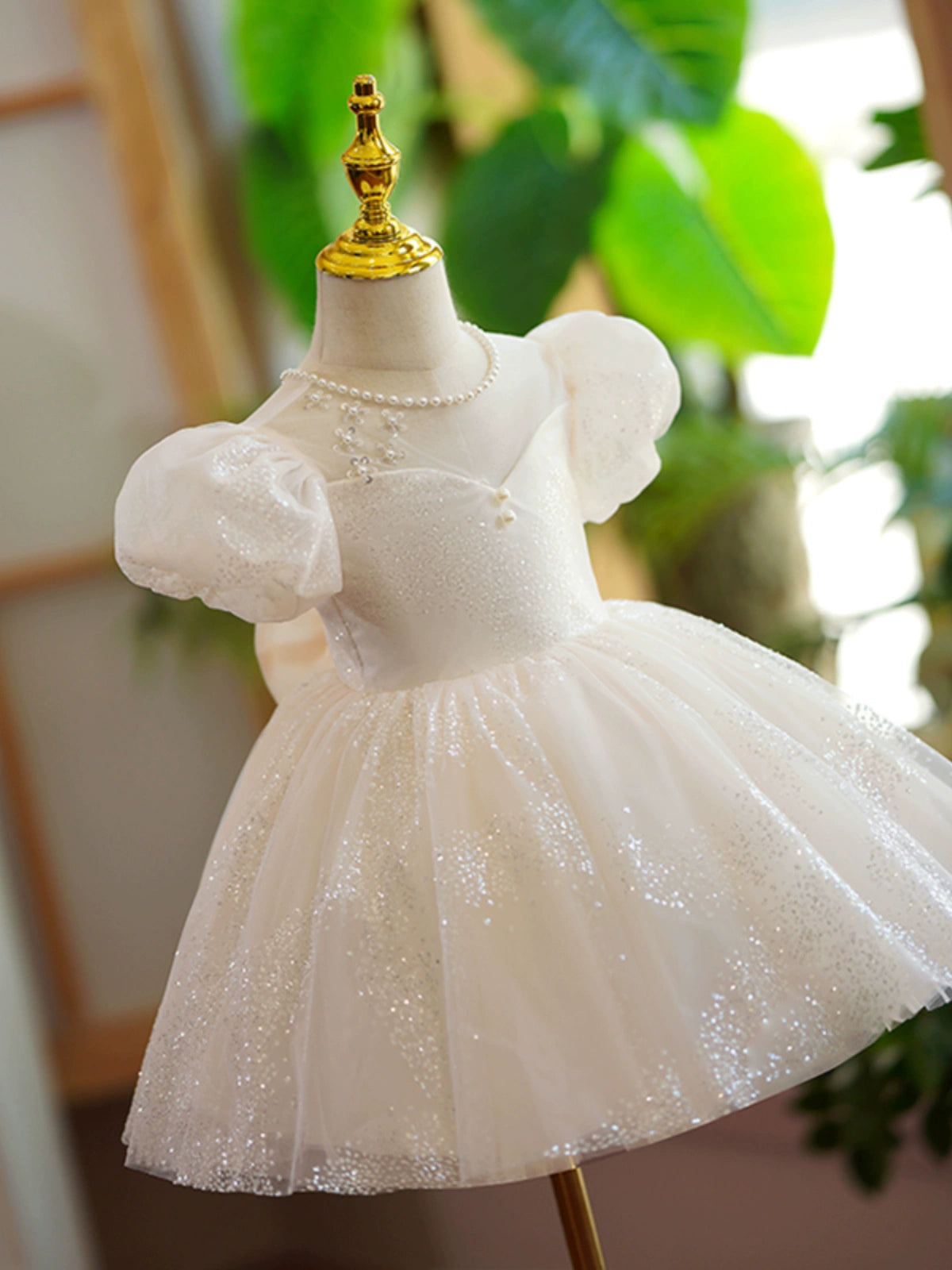 Princess Champagne Organza Back Zip Baptism Beaded Tea Length Short Sleeve Puff Sleeve Jewel Neck Flower Girl Dress
