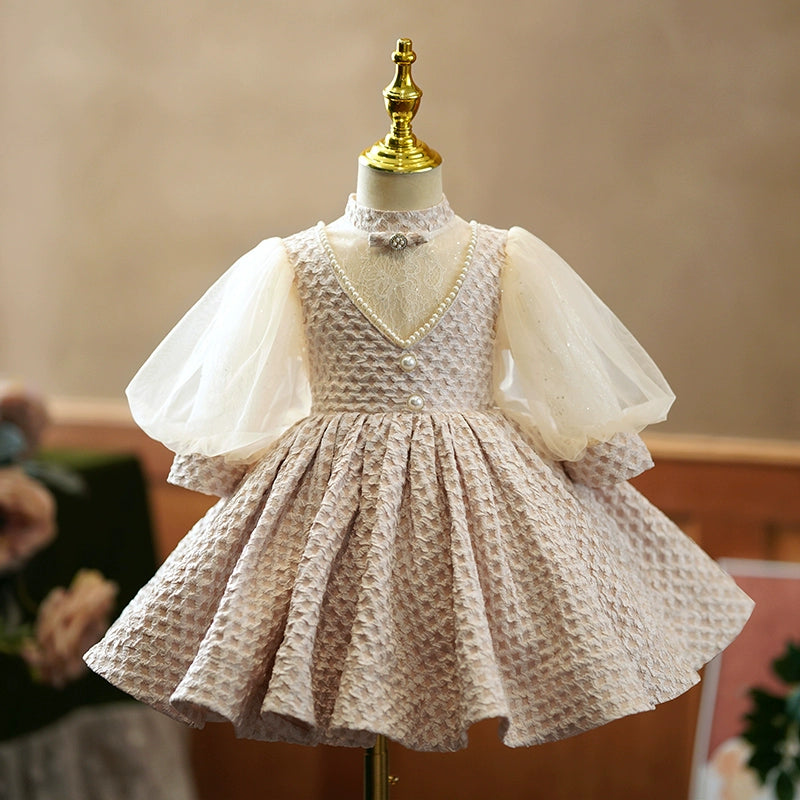 Princess Champagne Satin Back Zip Baptism Beaded Tea Length Long Sleeve Puff Sleeve Mock Neck Flower Girl Dress