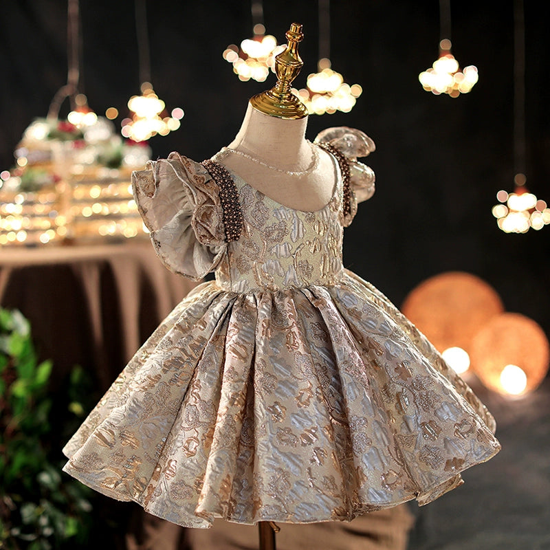 Princess Champagne Satin Back Zip Baptism Beaded Tea Length Short Sleeve Flutter Sleeve Round Flower Girl Dress