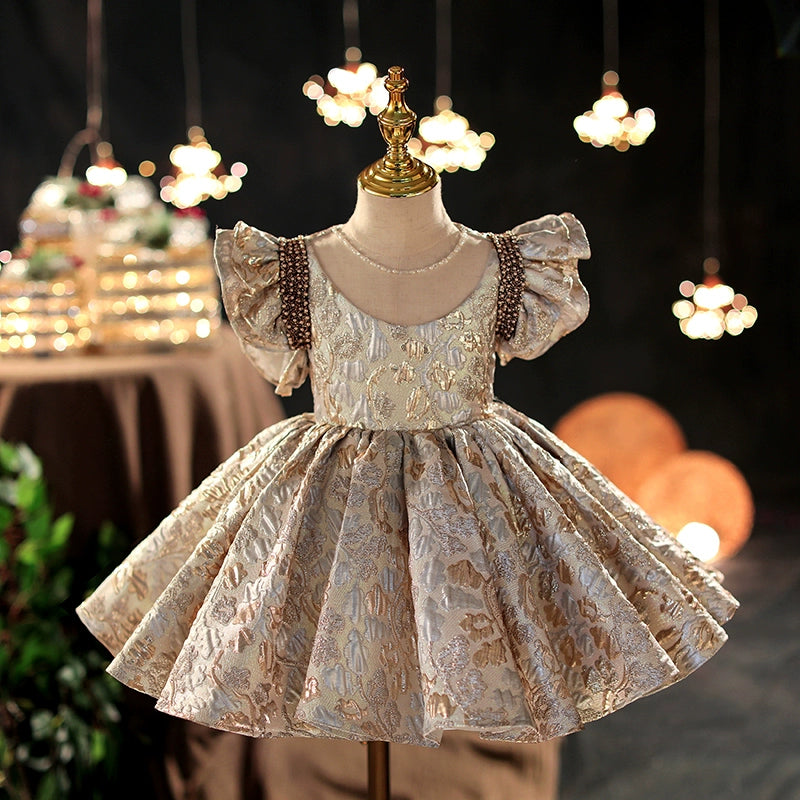 Princess Champagne Satin Back Zip Baptism Beaded Tea Length Short Sleeve Flutter Sleeve Round Flower Girl Dress