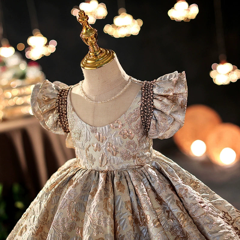 Princess Champagne Satin Back Zip Baptism Beaded Tea Length Short Sleeve Flutter Sleeve Round Flower Girl Dress