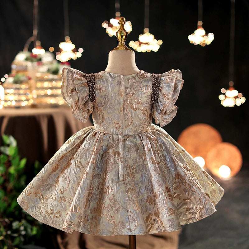 Princess Champagne Satin Back Zip Baptism Beaded Tea Length Short Sleeve Flutter Sleeve Round Flower Girl Dress