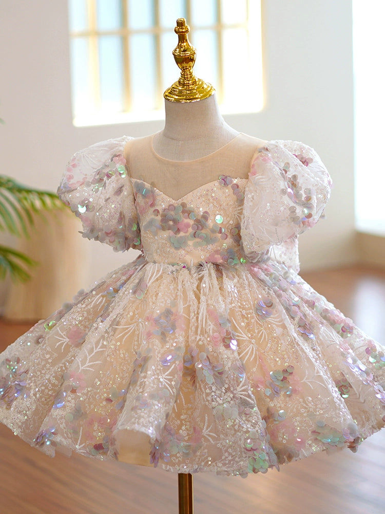 Princess Champagne Sequined Back Zip Baptism Lace Tea Length Short Sleeve Lantern Sleeve Round Flower Girl Dress