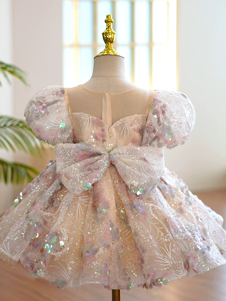 Princess Champagne Sequined Back Zip Baptism Lace Tea Length Short Sleeve Lantern Sleeve Round Flower Girl Dress