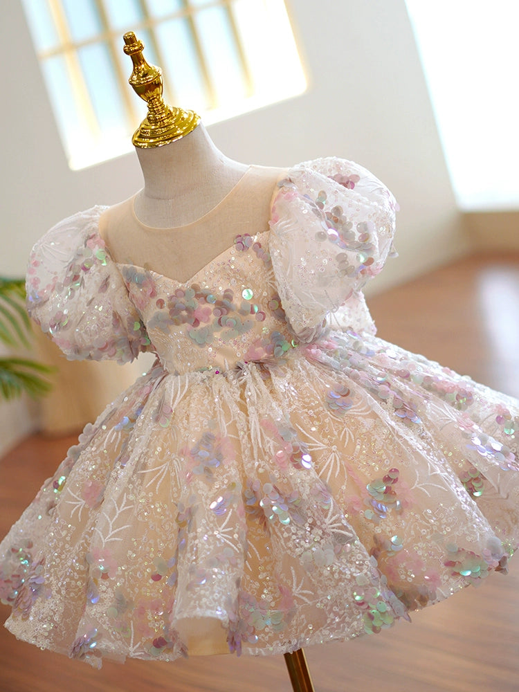 Princess Champagne Sequined Back Zip Baptism Lace Tea Length Short Sleeve Lantern Sleeve Round Flower Girl Dress