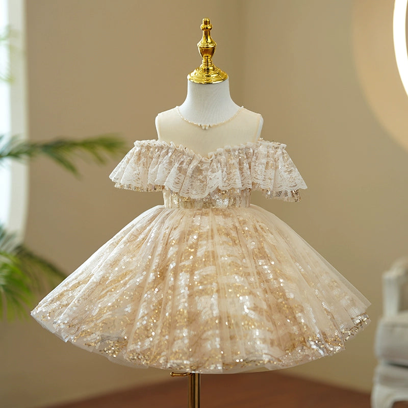 Princess Champagne Sequined Back Zip Baptism Sequins Tea Length Sleeveless Cold Shoulder Sleeve Round Flower Girl Dress