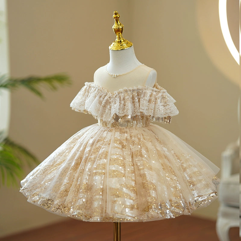 Princess Champagne Sequined Back Zip Baptism Sequins Tea Length Sleeveless Cold Shoulder Sleeve Round Flower Girl Dress