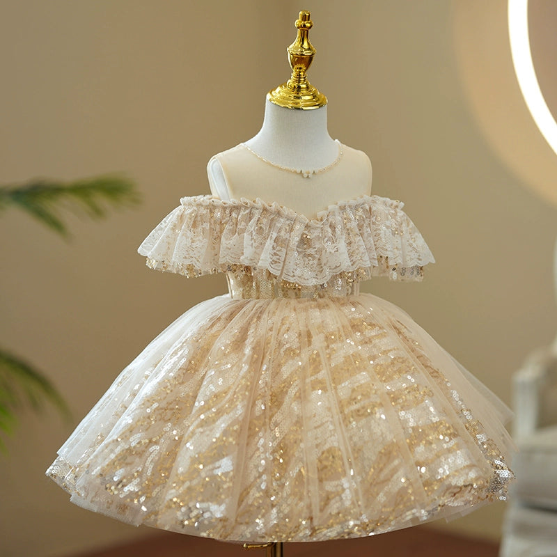 Princess Champagne Sequined Back Zip Baptism Sequins Tea Length Sleeveless Cold Shoulder Sleeve Round Flower Girl Dress