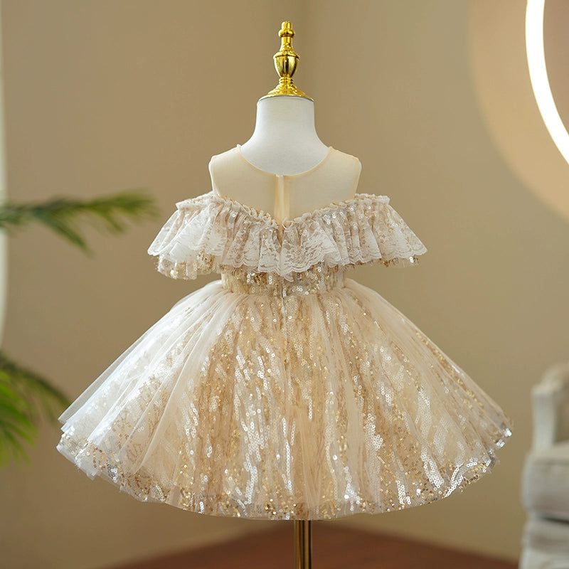 Princess Champagne Sequined Back Zip Baptism Sequins Tea Length Sleeveless Cold Shoulder Sleeve Round Flower Girl Dress