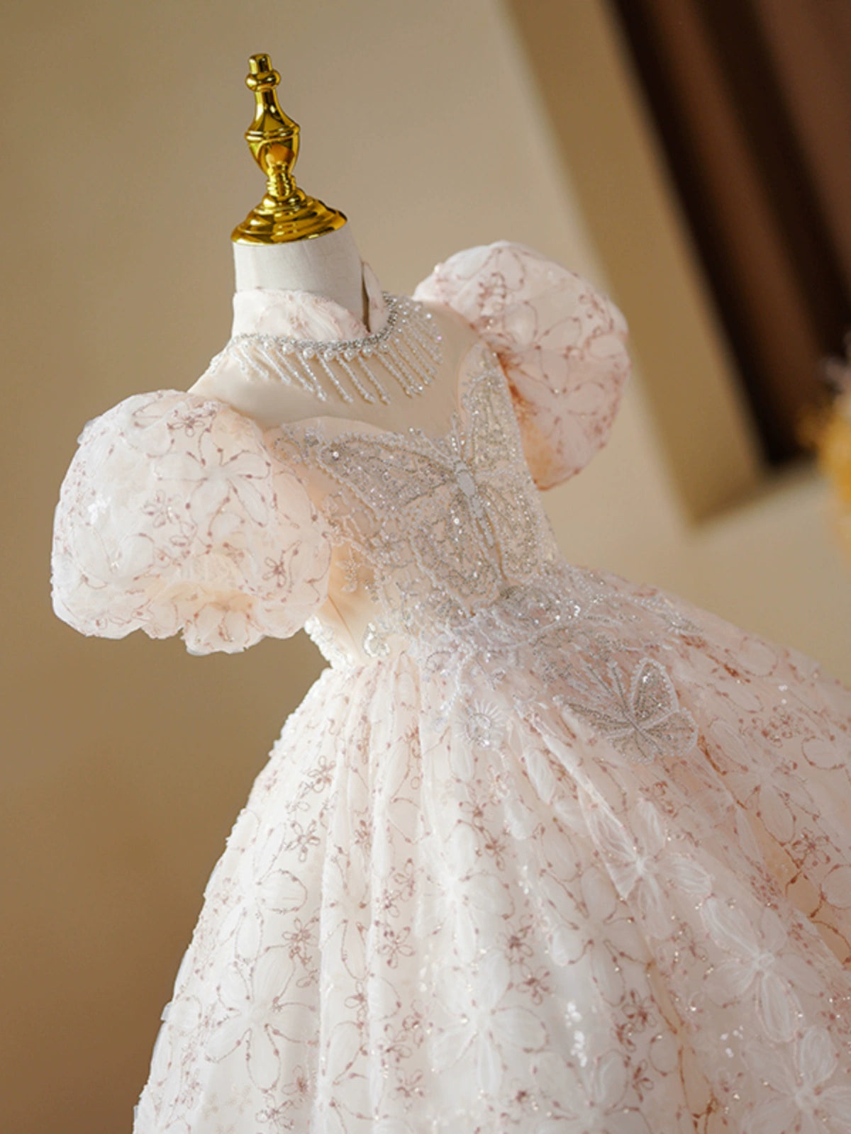 Princess Champagne Sequined Crossed Straps Baptism Beaded Floor Length Short Sleeve Puff Sleeve Mock Neck Flower Girl Dress