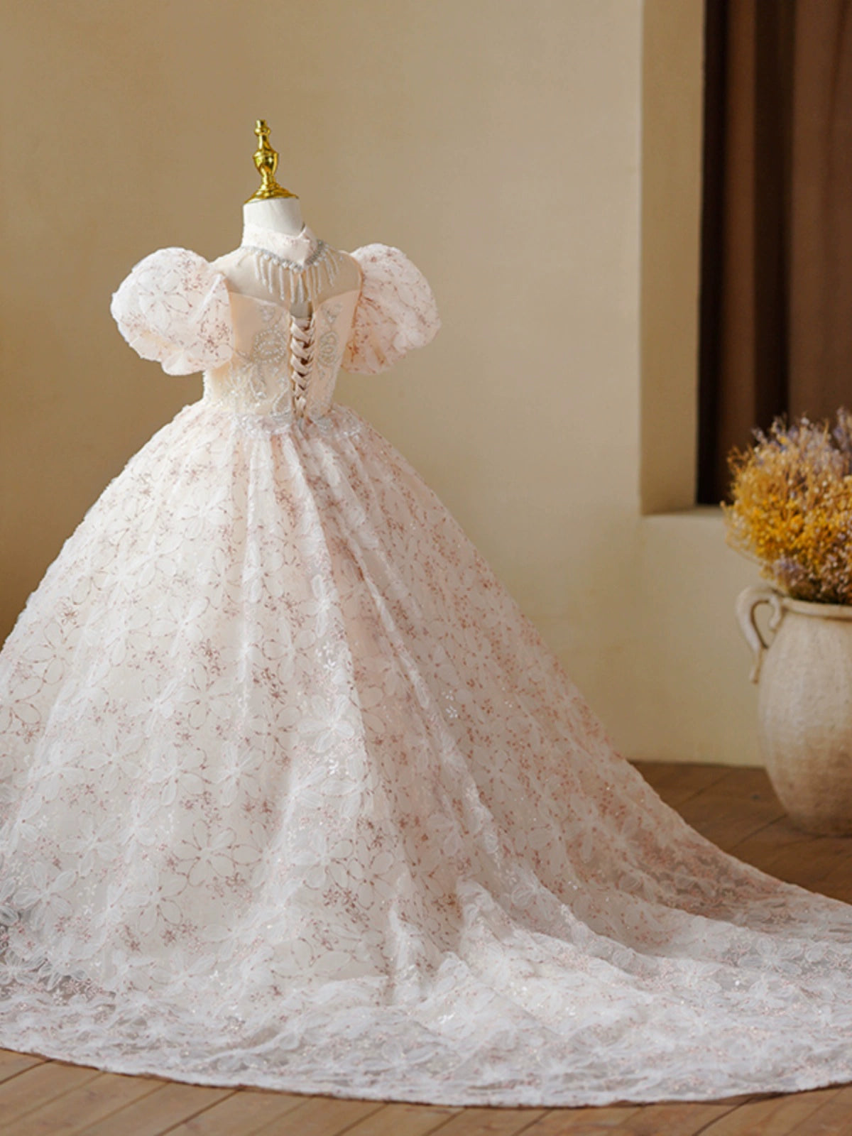 Princess Champagne Sequined Crossed Straps Baptism Beaded Floor Length Short Sleeve Puff Sleeve Mock Neck Flower Girl Dress