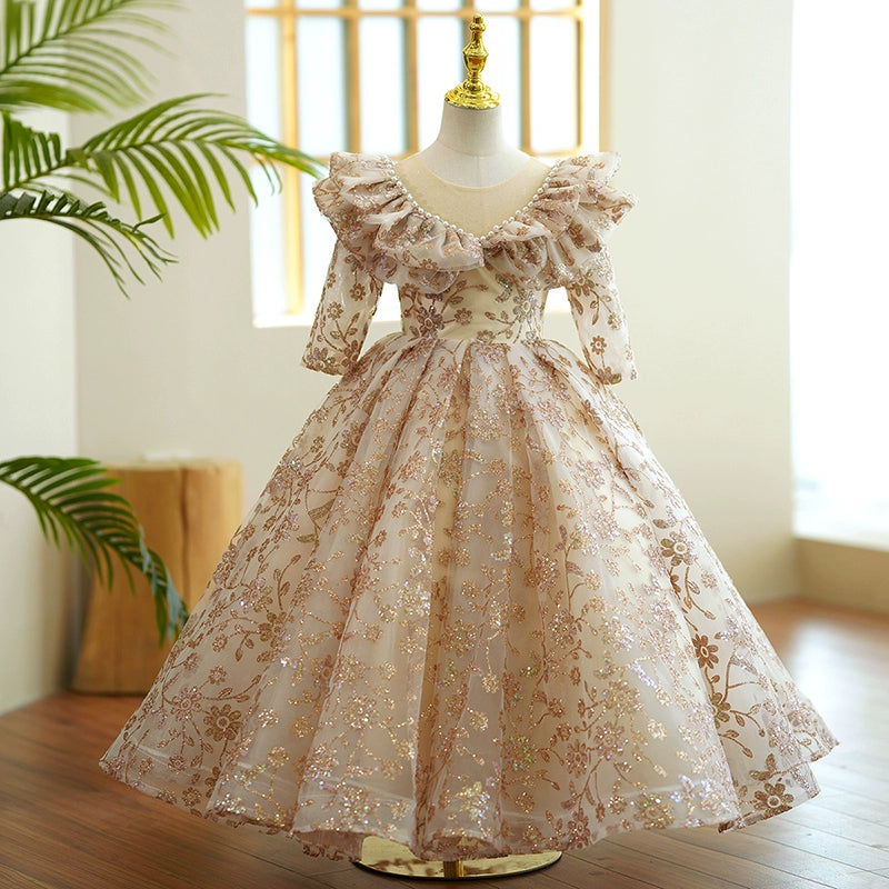 Princess Champagne Sequined Crossed Straps Birthday Lace Floor Length Long Sleeve Scoop Flower Girl Dress