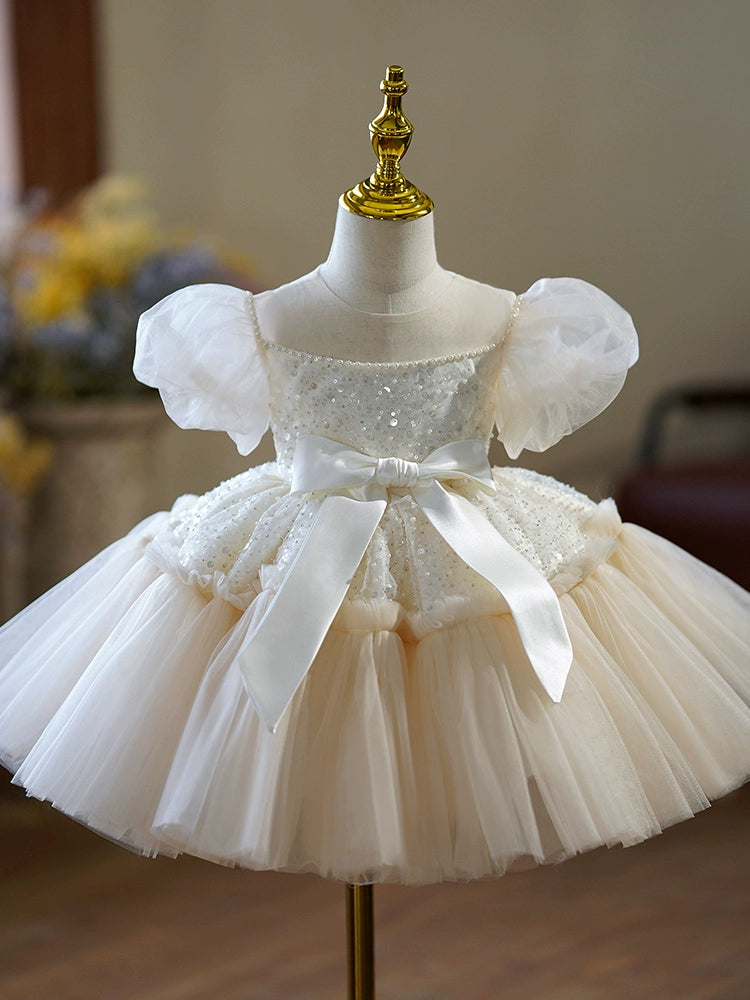 Princess Champagne Tulle Back Zip Baptism Sequin Tea Length Short Sleeve Puff Sleeve Round Flower Girl Dress