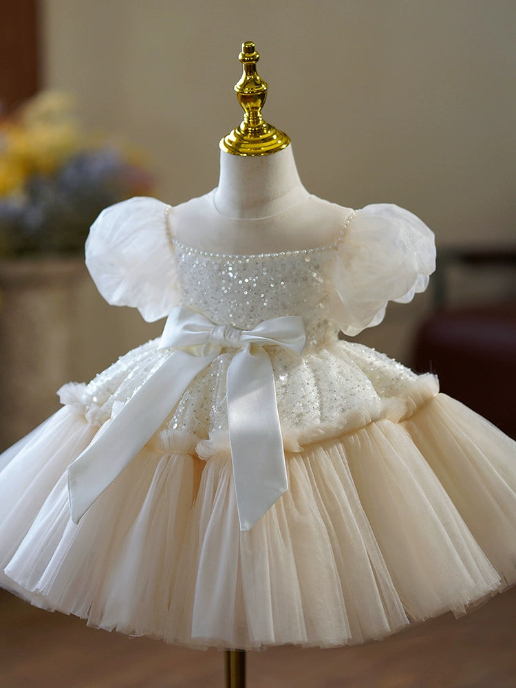 Princess Champagne Tulle Back Zip Baptism Sequin Tea Length Short Sleeve Puff Sleeve Round Flower Girl Dress