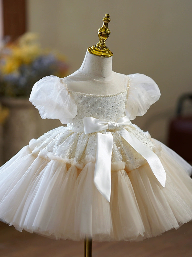 Princess Champagne Tulle Back Zip Baptism Sequin Tea Length Short Sleeve Puff Sleeve Round Flower Girl Dress