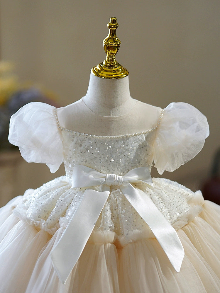 Princess Champagne Tulle Back Zip Baptism Sequin Tea Length Short Sleeve Puff Sleeve Round Flower Girl Dress