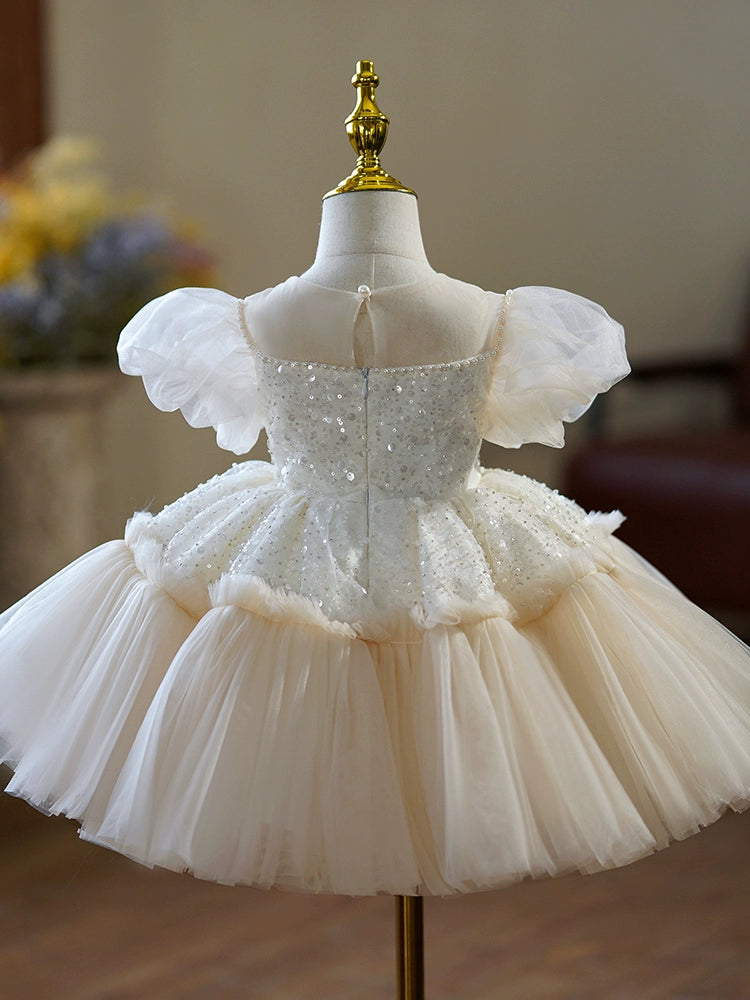 Princess Champagne Tulle Back Zip Baptism Sequin Tea Length Short Sleeve Puff Sleeve Round Flower Girl Dress
