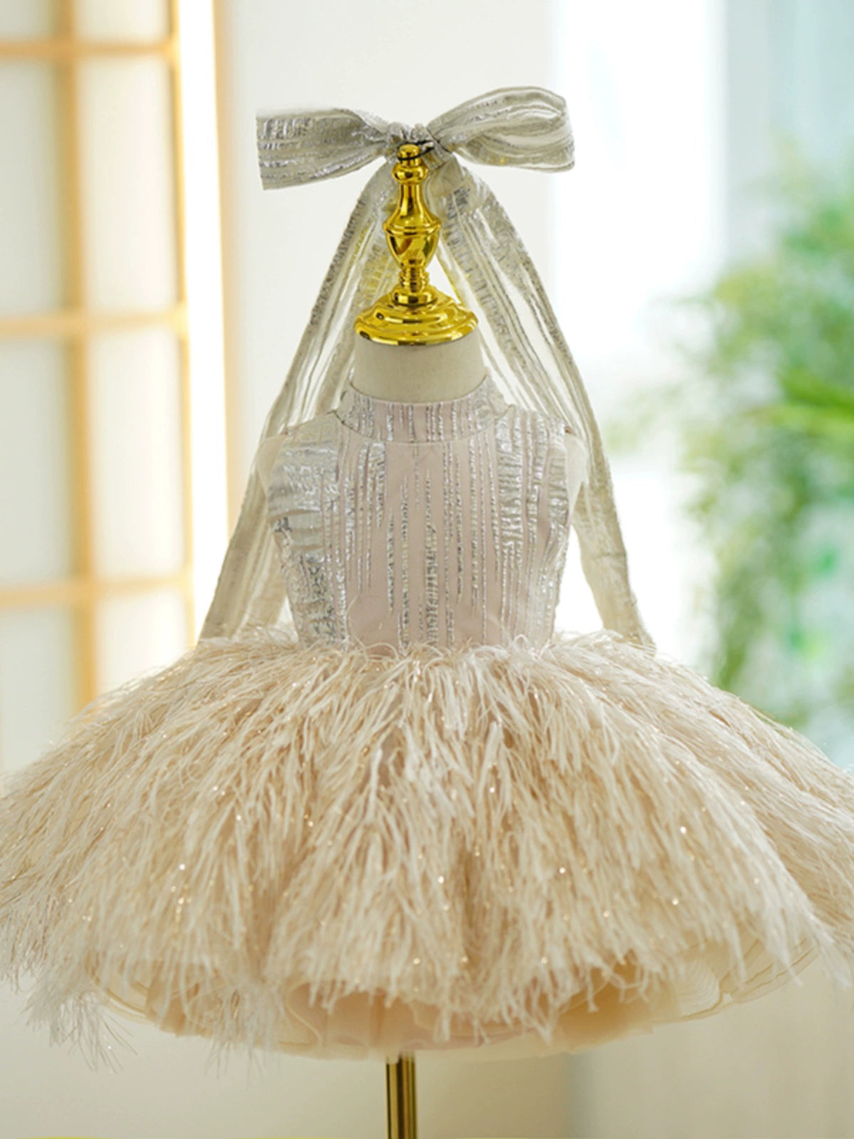 Princess Champagne Tulle Back Zip Baptism Sequin Tea Length Sleeveless Mock Neck Flower Girl Dress