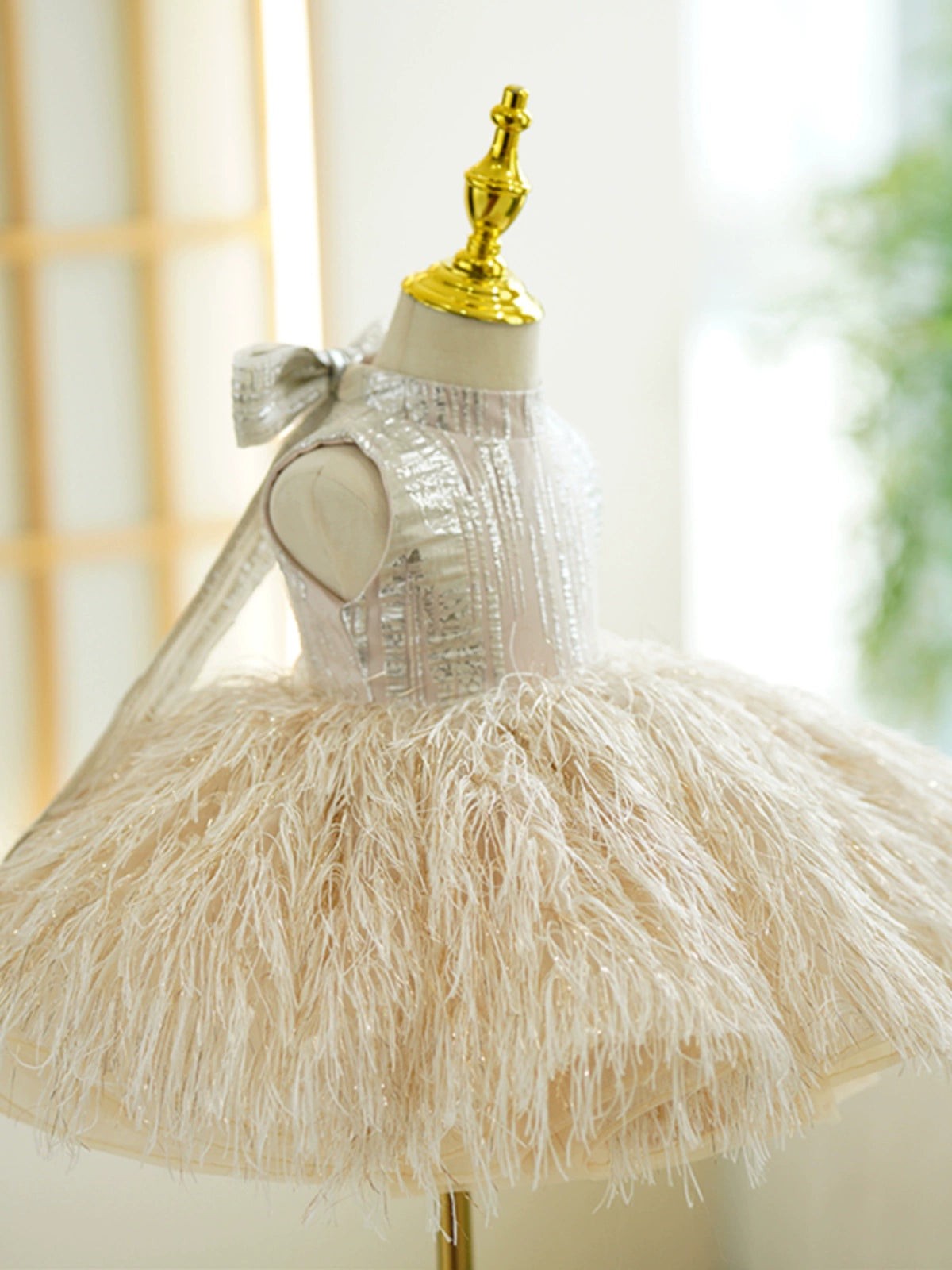 Princess Champagne Tulle Back Zip Baptism Sequin Tea Length Sleeveless Mock Neck Flower Girl Dress