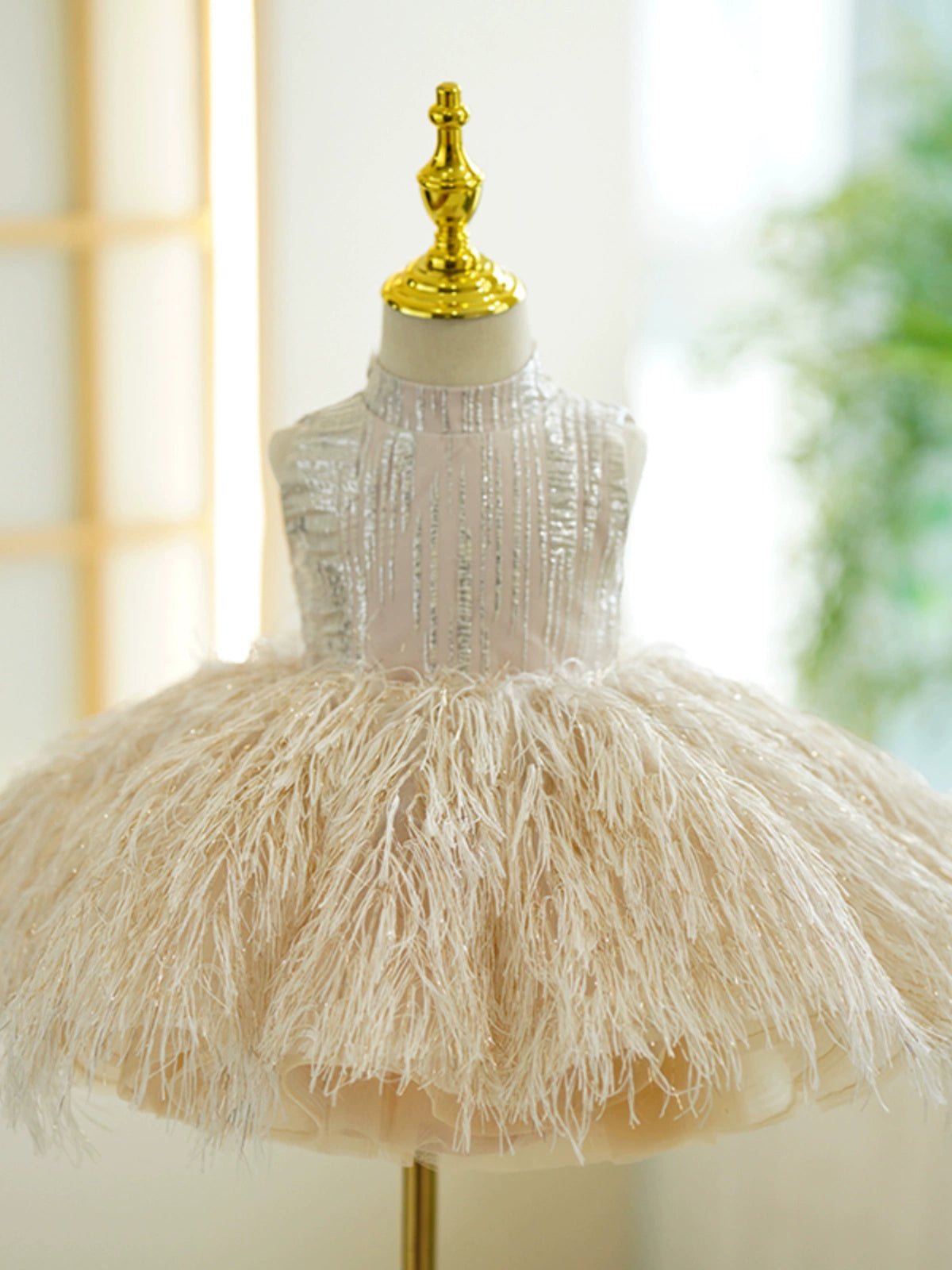 Princess Champagne Tulle Back Zip Baptism Sequin Tea Length Sleeveless Mock Neck Flower Girl Dress