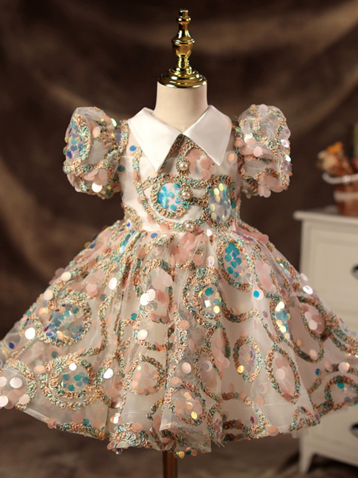 Princess Colorful Lace Back Zip Baptism Sequin Tea Length Short Sleeve Puff Sleeve Collared Neck Flower Girl Dress