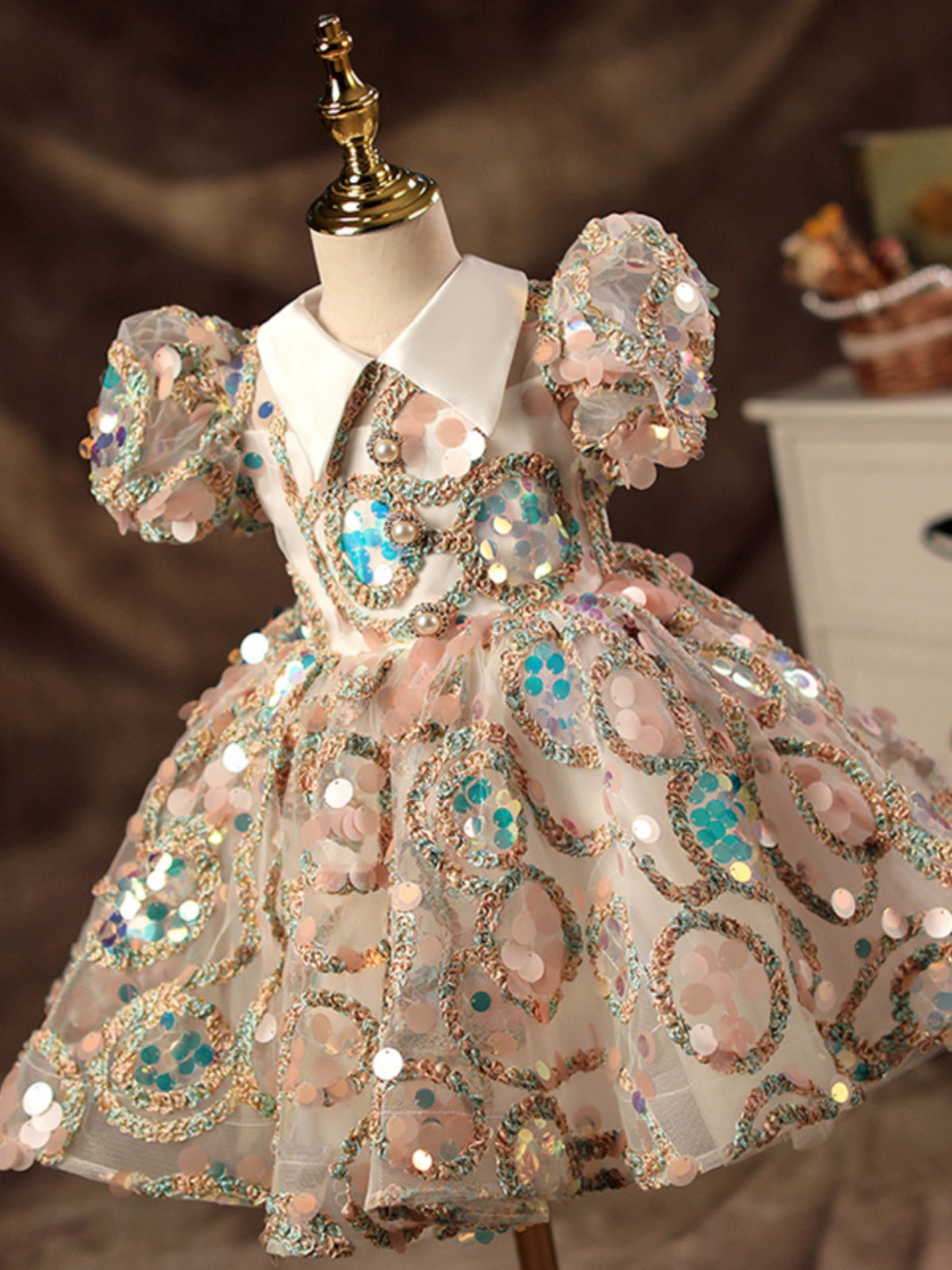 Princess Colorful Lace Back Zip Baptism Sequin Tea Length Short Sleeve Puff Sleeve Collared Neck Flower Girl Dress