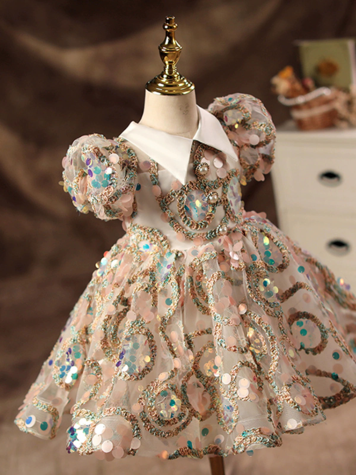 Princess Colorful Lace Back Zip Baptism Sequin Tea Length Short Sleeve Puff Sleeve Collared Neck Flower Girl Dress
