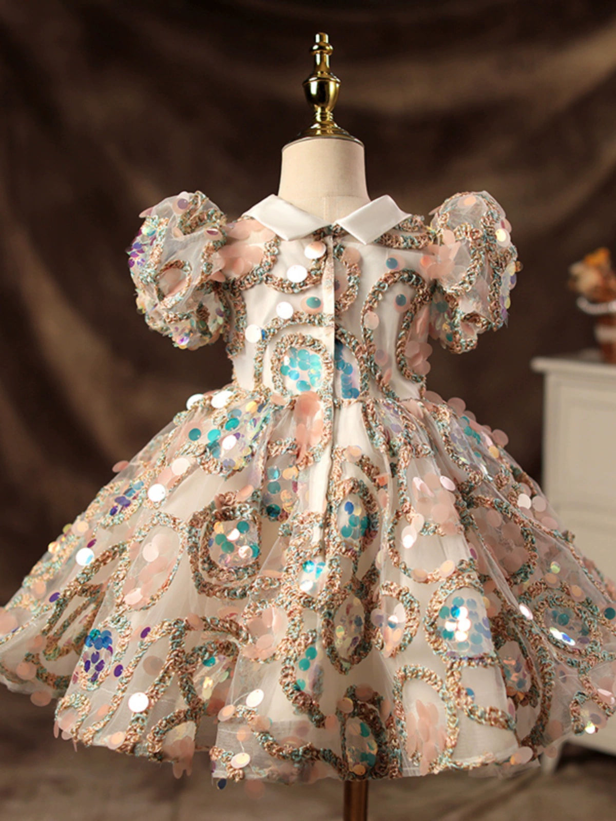 Princess Colorful Lace Back Zip Baptism Sequin Tea Length Short Sleeve Puff Sleeve Collared Neck Flower Girl Dress