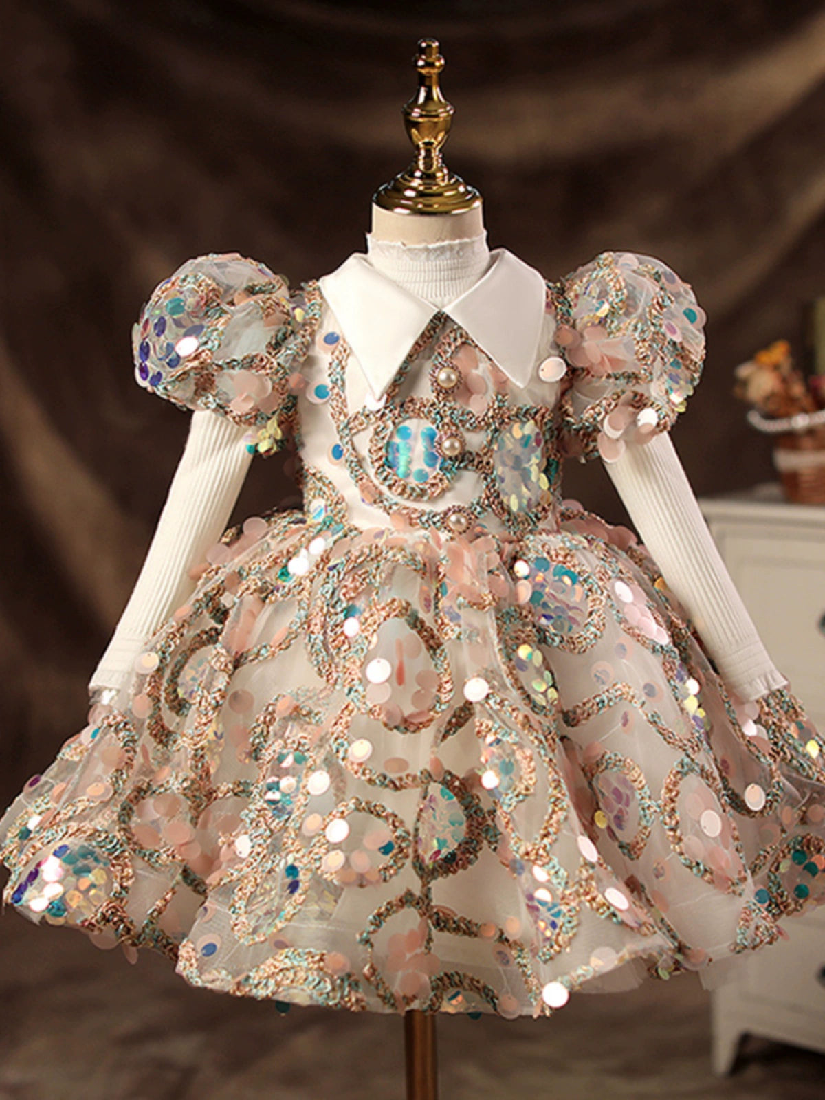 Princess Colorful Lace Back Zip Baptism Sequin Tea Length Short Sleeve Puff Sleeve Collared Neck Flower Girl Dress