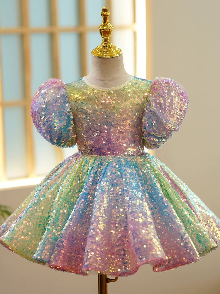 Princess Colorful Sequined Back Zip Baptism Sequin Tea Length Short Sleeve Puff Sleeve Round Flower Girl Dress