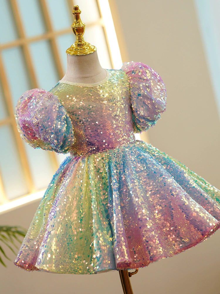 Princess Colorful Sequined Back Zip Baptism Sequin Tea Length Short Sleeve Puff Sleeve Round Flower Girl Dress