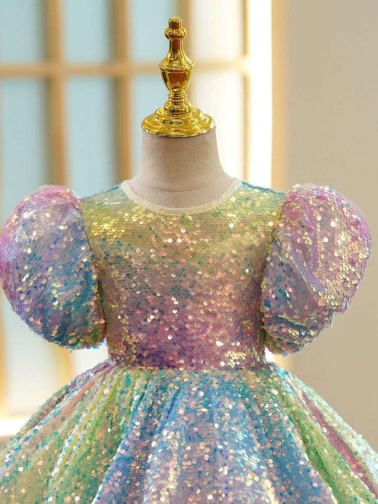Princess Colorful Sequined Back Zip Baptism Sequin Tea Length Short Sleeve Puff Sleeve Round Flower Girl Dress