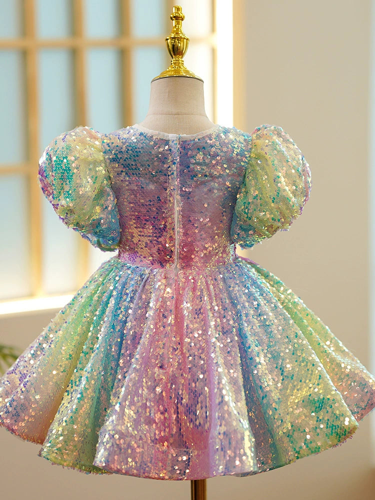 Princess Colorful Sequined Back Zip Baptism Sequin Tea Length Short Sleeve Puff Sleeve Round Flower Girl Dress