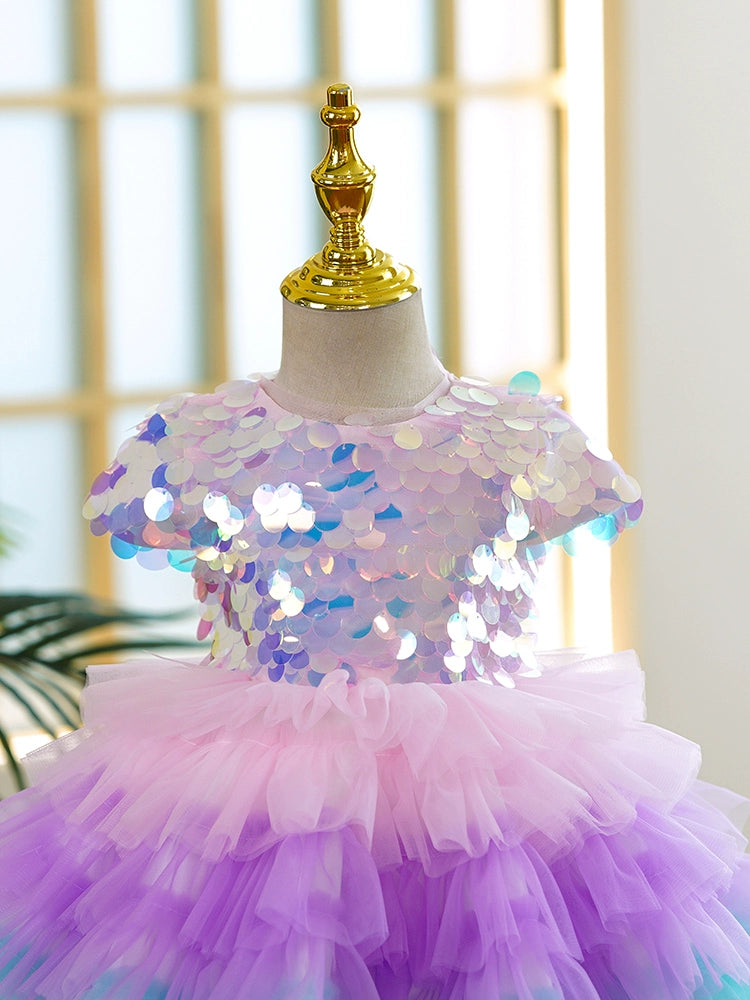 Princess Colorful Tulle Back Zip Baptism Sequin Tea Length Short Sleeve Cap Sleeve Round Flower Girl Dress