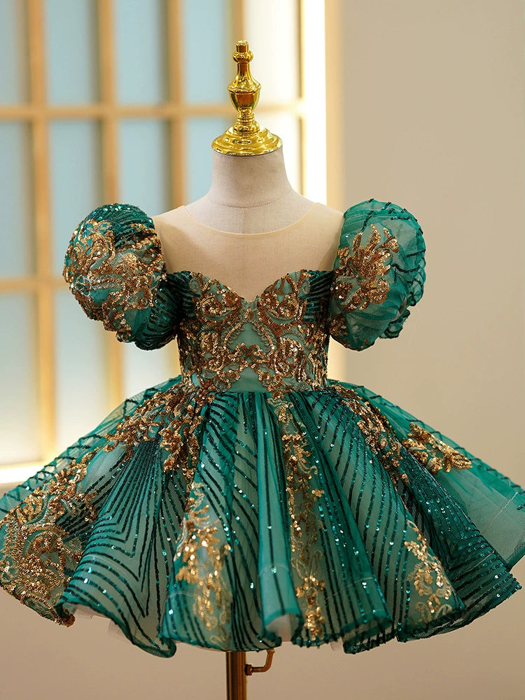 Princess Dark Green Lace Back Zip Baptism Lace Tea Length Short Sleeve Lantern Sleeve Round Flower Girl Dress