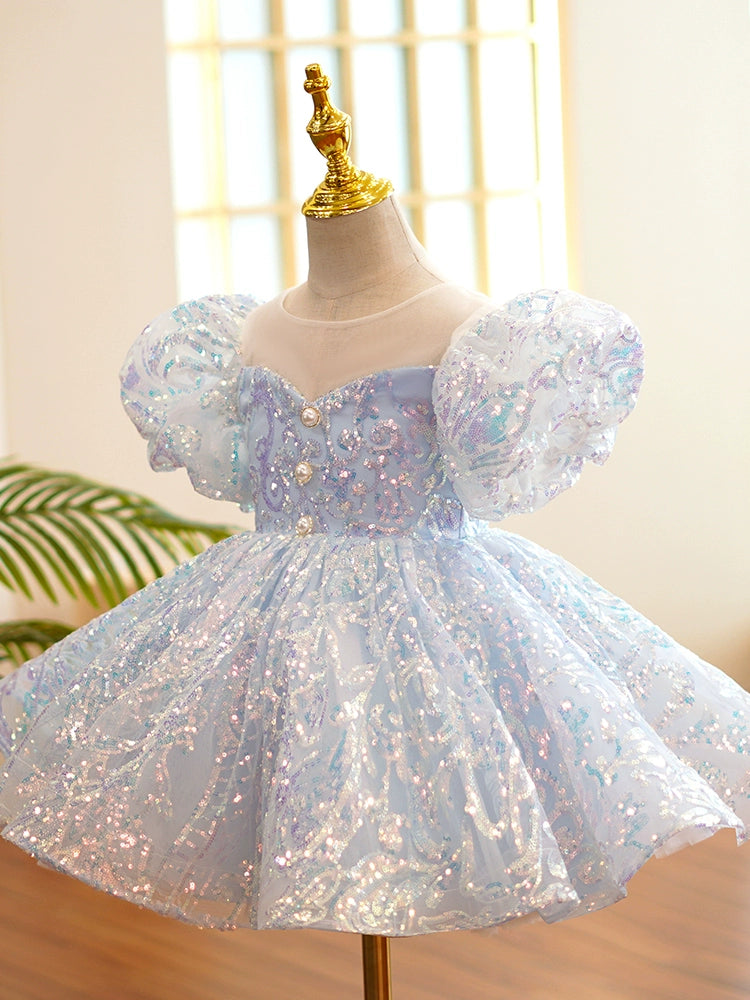 Princess Dusty Blue Sequined Back Zip Baptism Sequin Tea Length Short Sleeve Lantern Sleeve Round Flower Girl Dress
